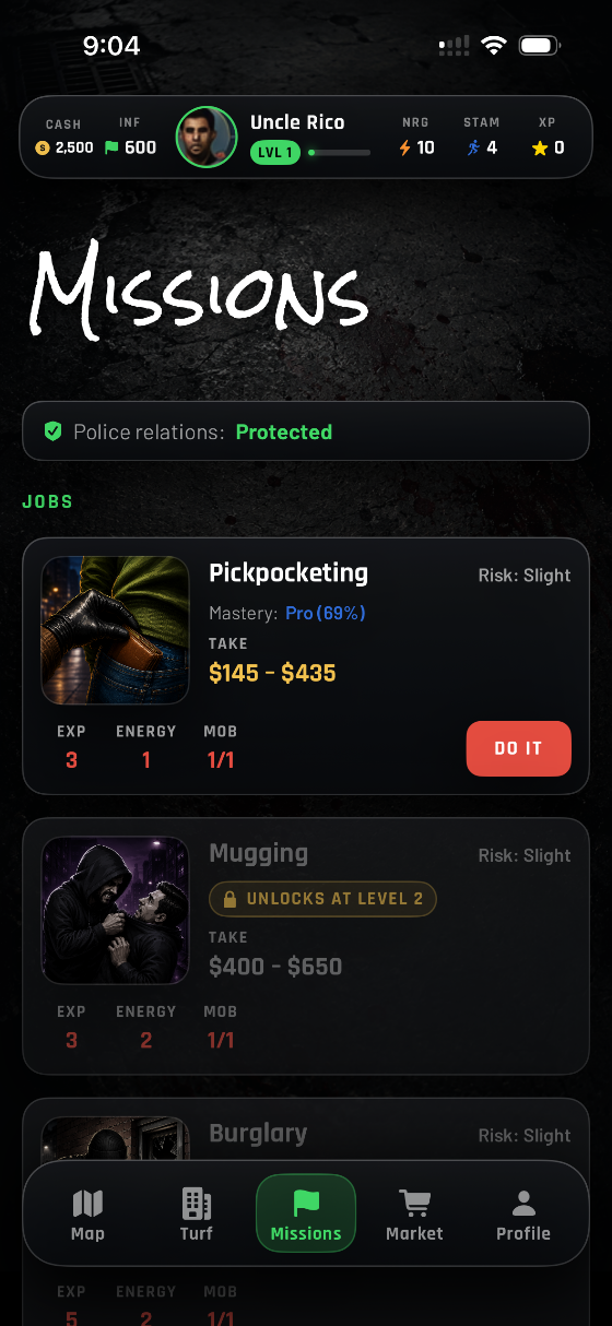 The Missions screen listing jobs with their take, energy cost and risk level.