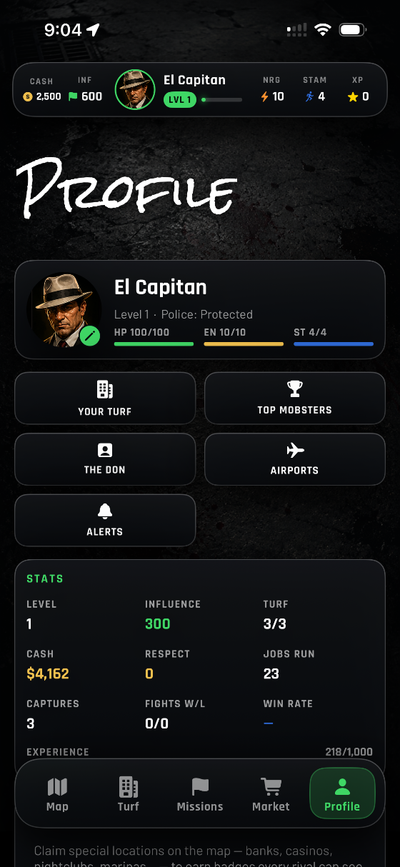 The Profile screen with level, cash, respect and capture stats.
